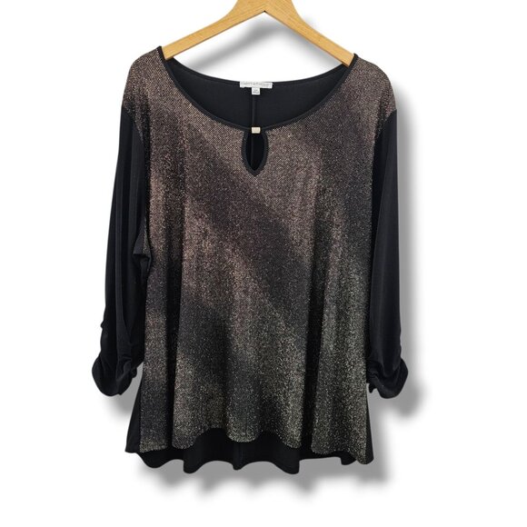 Notations Woman Top 3X Black Gold Sparkle 3/4 Sleeve Keyhole Neck Rhinestone - Picture 1 of 12